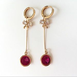Earrings dangling bow bar ruby gold filled